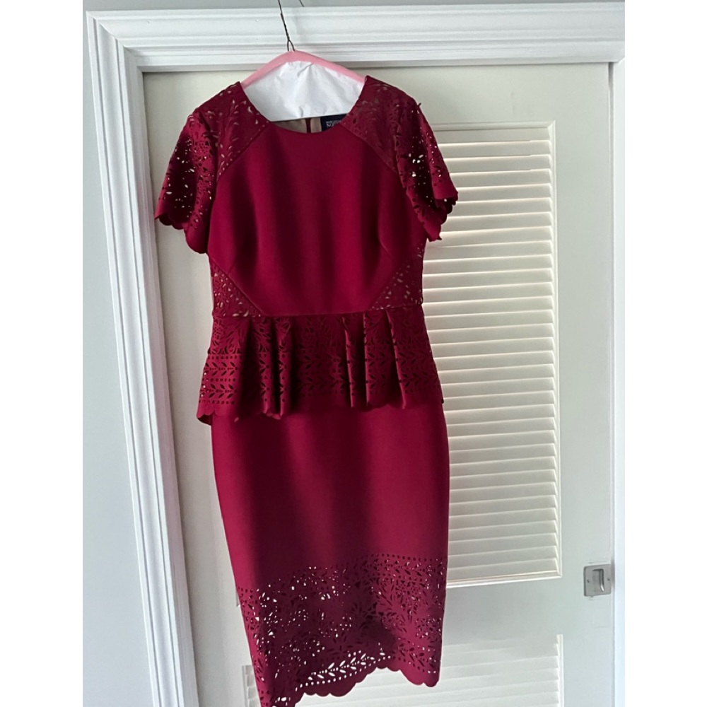 MARCHESA NOTTE Red Laser-Cut Peplum Midi Dress